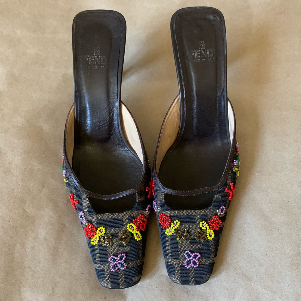 Fendi square toe monogram beaded mules